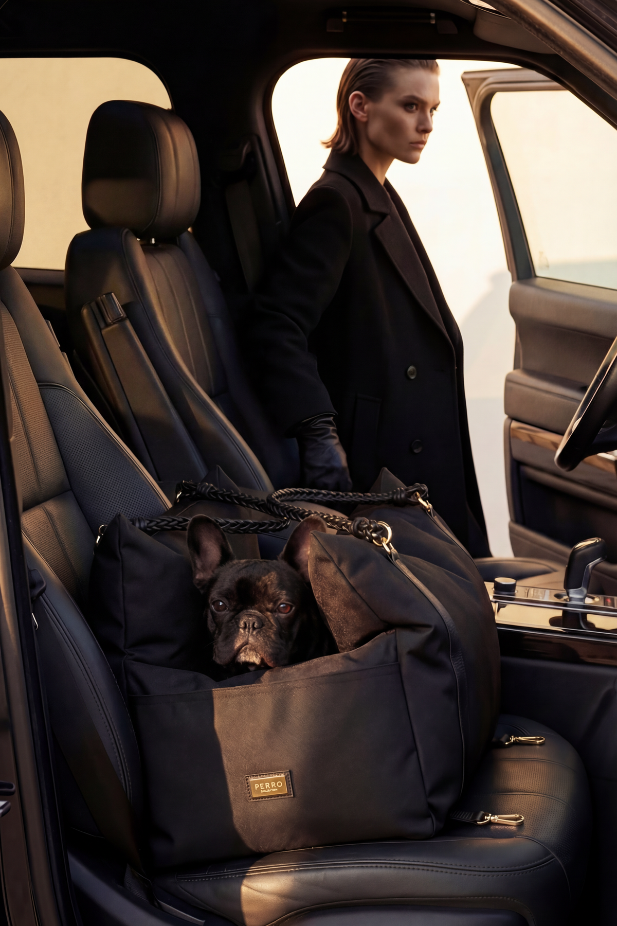 Seggiolino auto di lusso per cani in pelle Perro Collection, fatto a mano in Italia