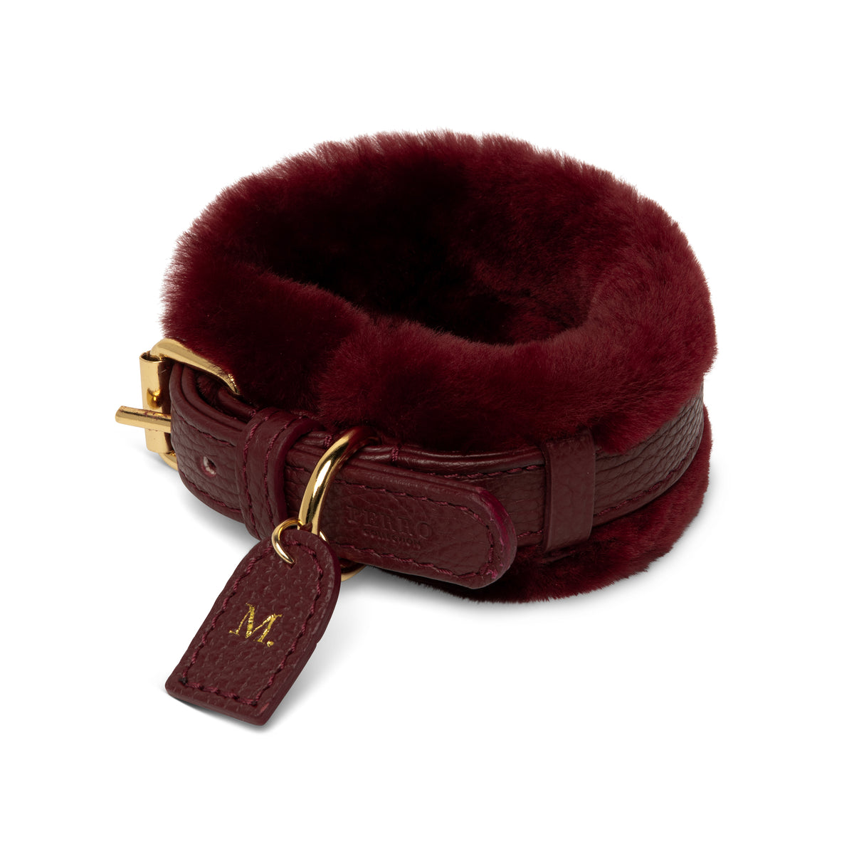 Burgundy Fur dog collar in Italian leather with real Montone fur, handcrafted in Italy