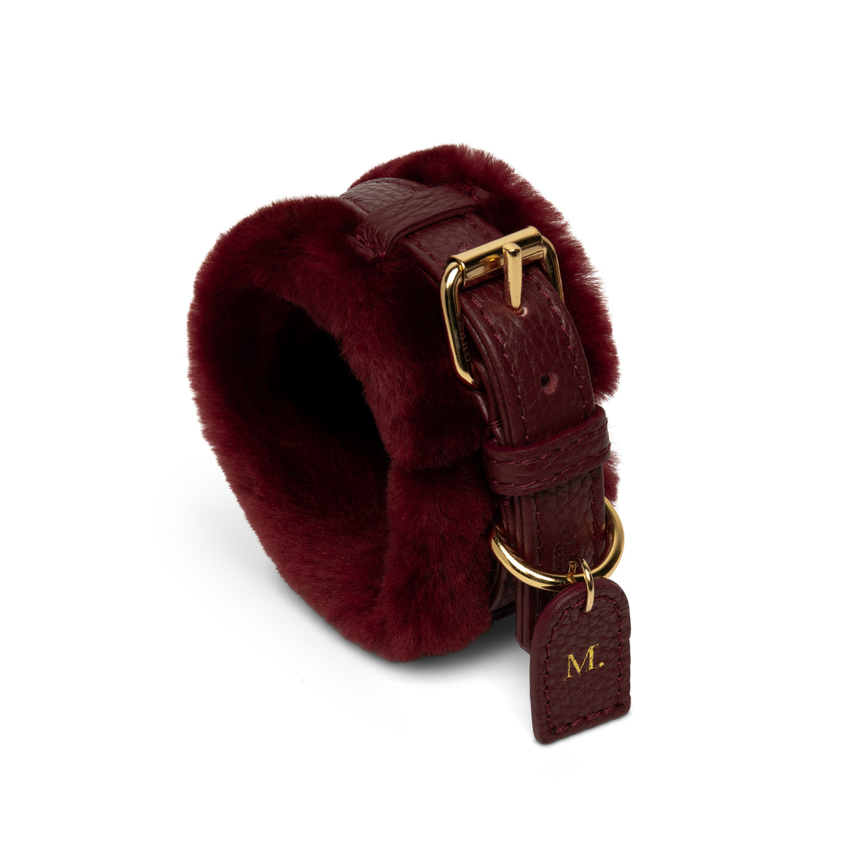 Burgundy Fur dog collar in Italian leather with real Montone fur, handcrafted in Italy