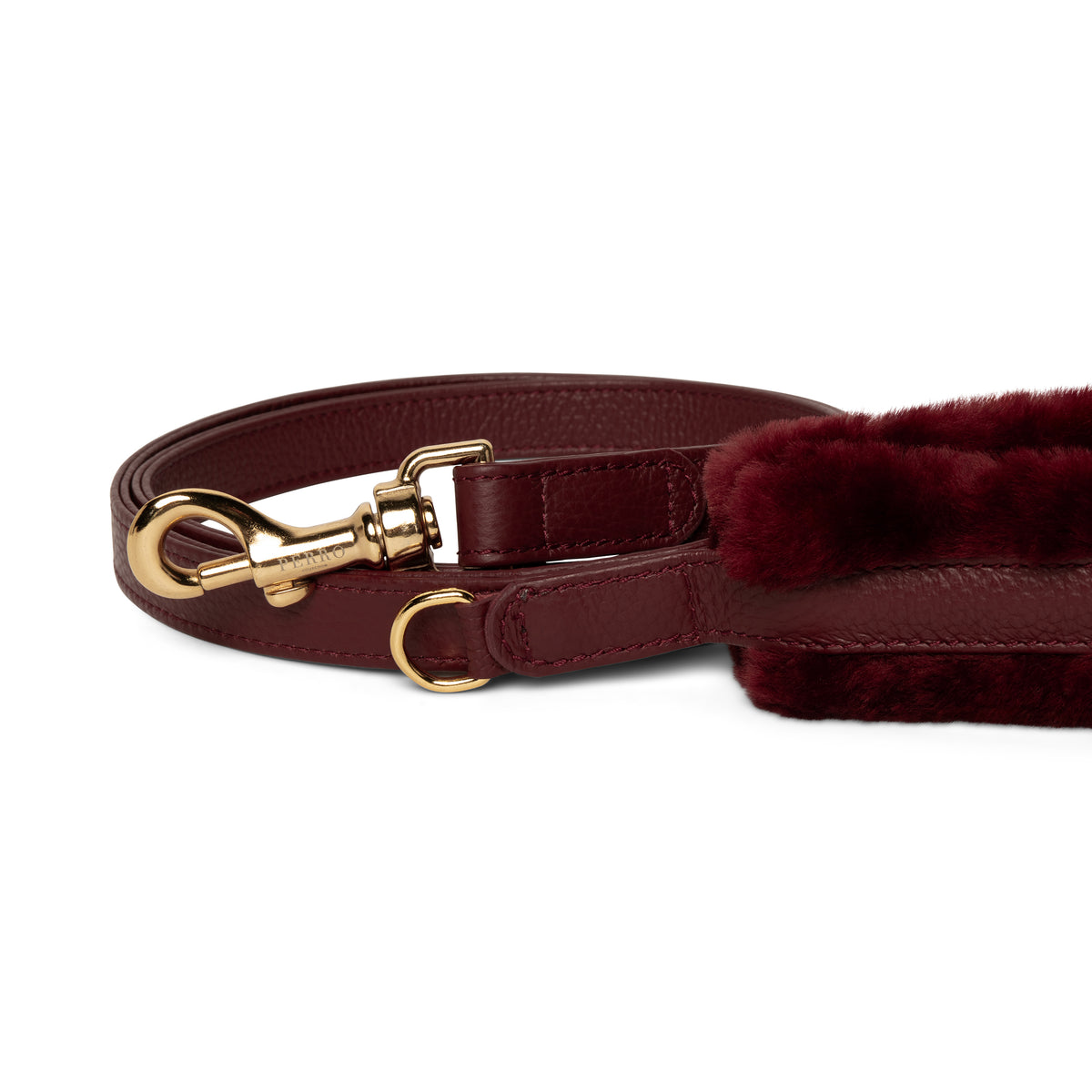 Burgundy Fur dog leash in Italian leather with real Montone fur, handcrafted in Italy