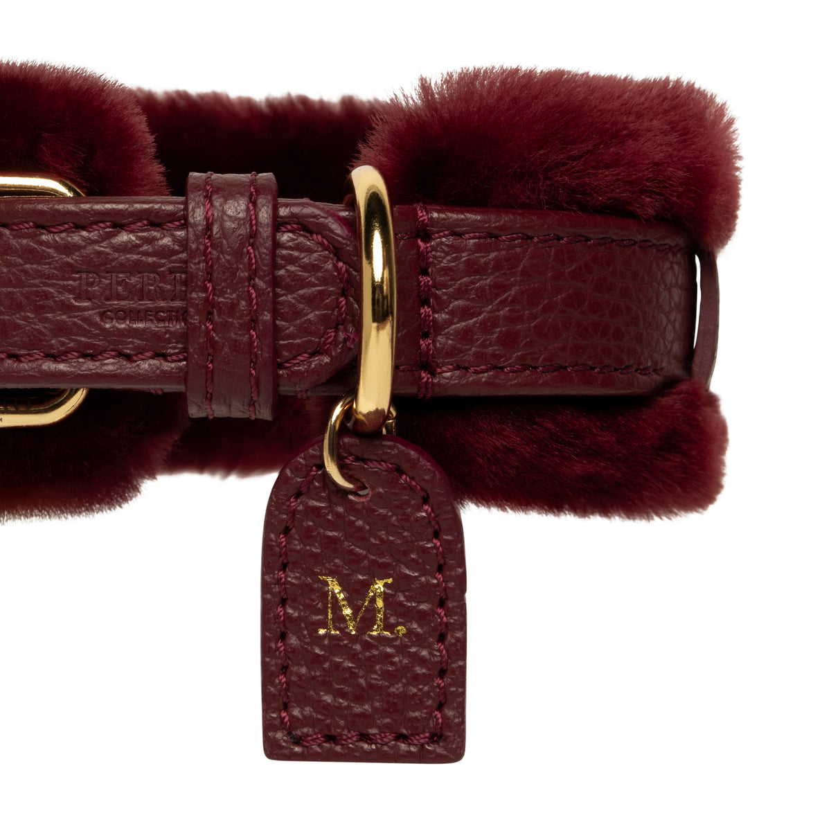 Burgundy Fur dog collar in Italian leather with real Montone fur, handcrafted in Italy