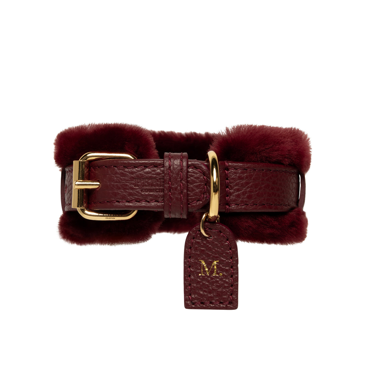Burgundy Fur dog collar in Italian leather with real Montone fur, handcrafted in Italy