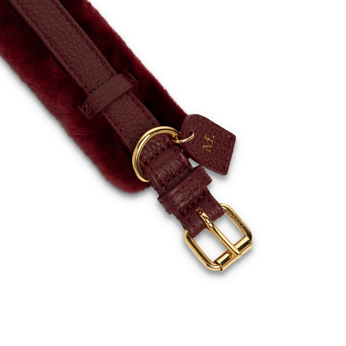 Burgundy Fur dog collar in Italian leather with real Montone fur, handcrafted in Italy