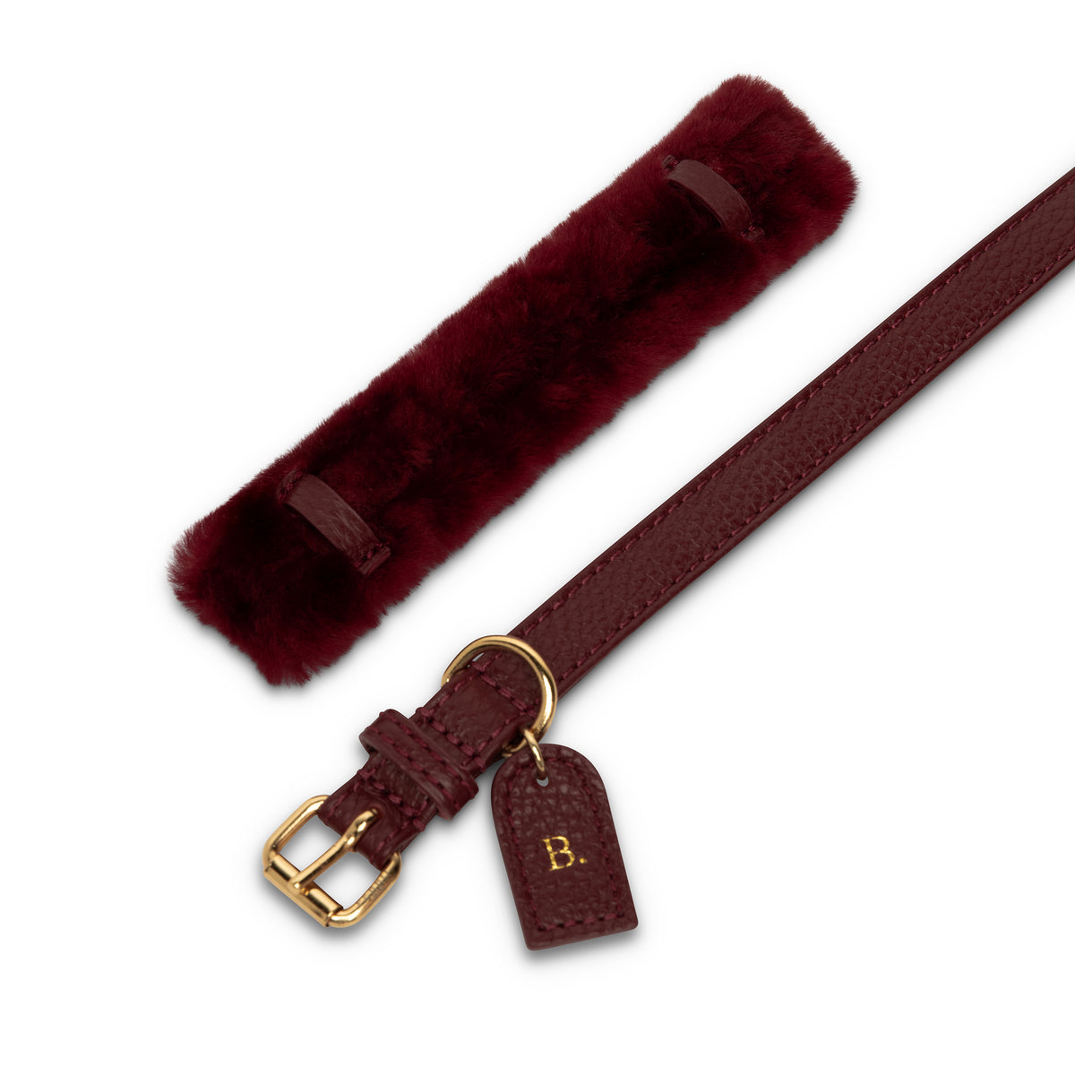 Burgundy Fur dog collar in Italian leather with real Montone fur, handcrafted in Italy