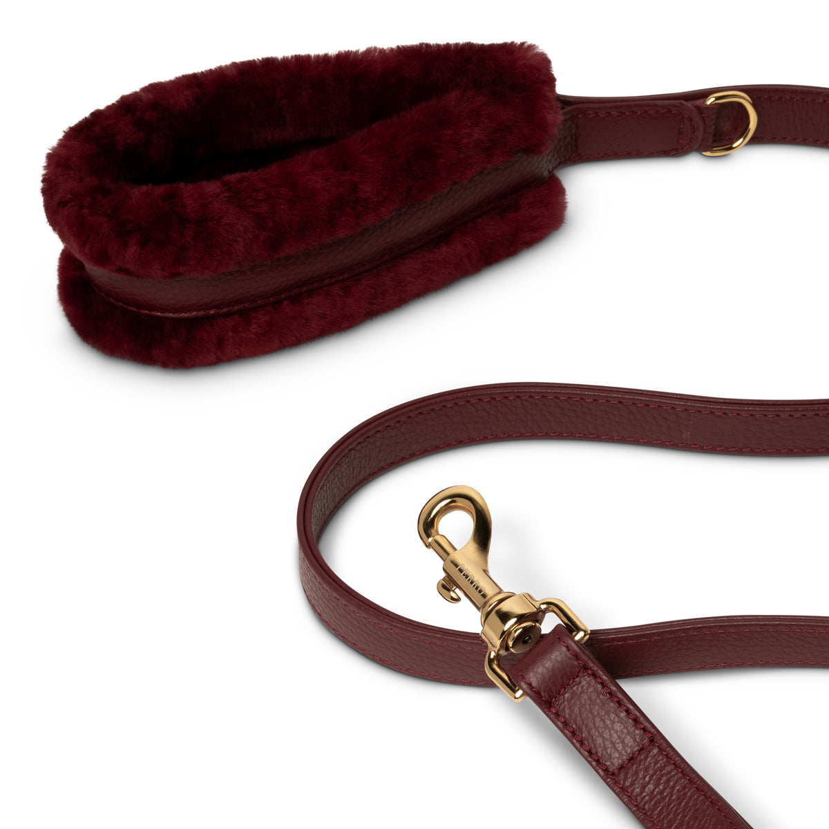 Burgundy Fur dog leash in Italian leather with real Montone fur, handcrafted in Italy