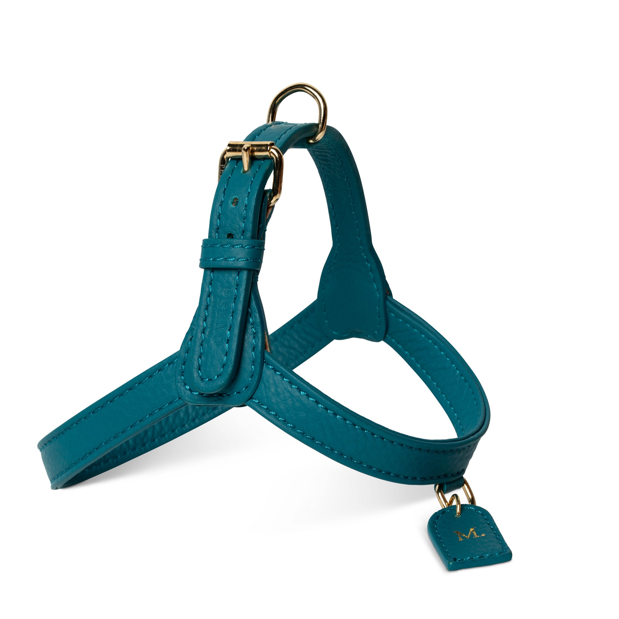 Limited edition petrol leather dog walk set, harness, leash and poop bag holder, Perro Collection
