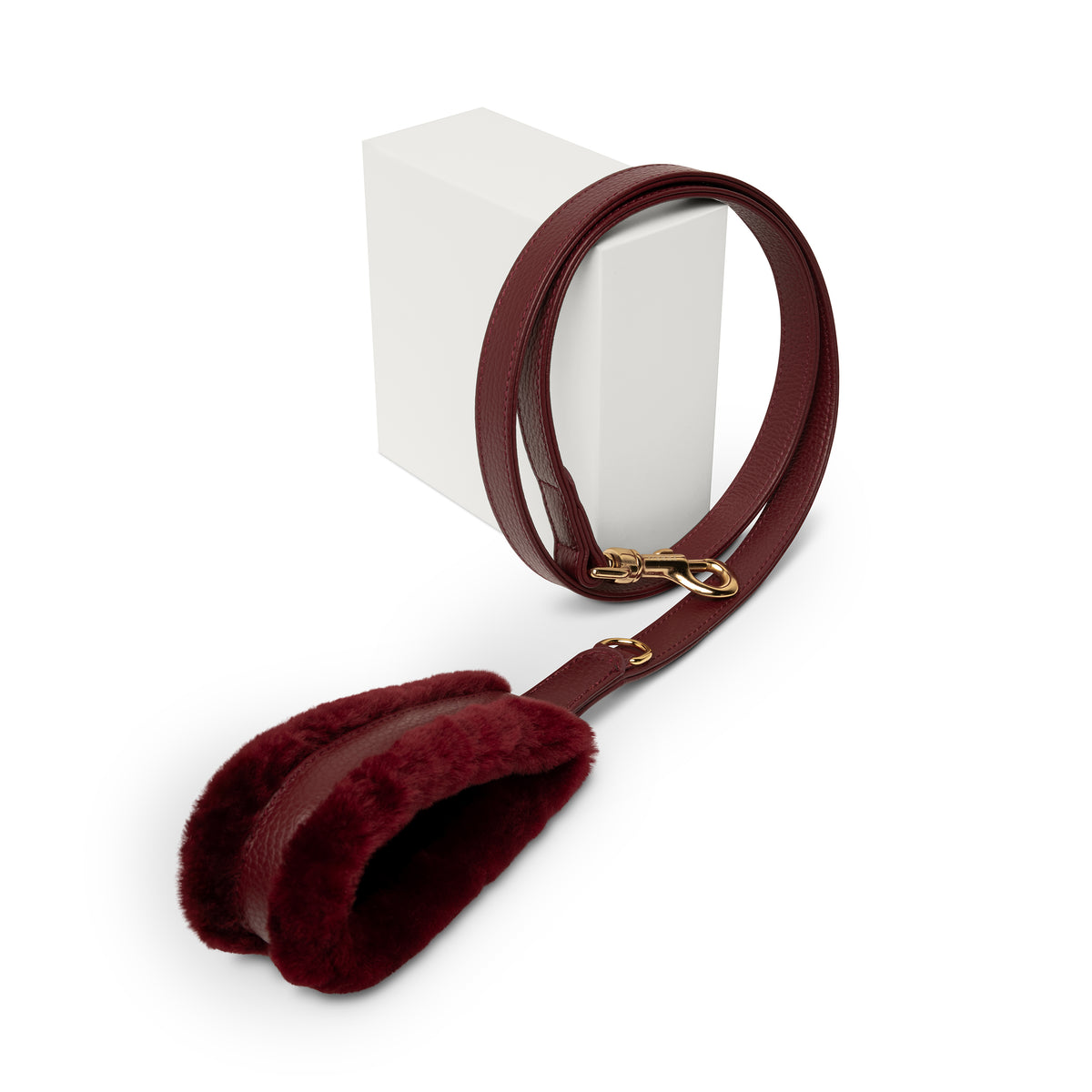 Burgundy Fur dog leash in Italian leather with real Montone fur, handcrafted in Italy