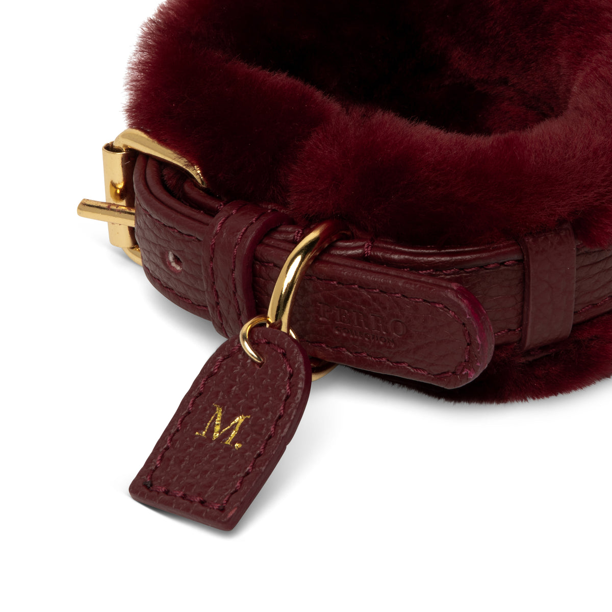 Burgundy Fur dog collar in Italian leather with real Montone fur, handcrafted in Italy