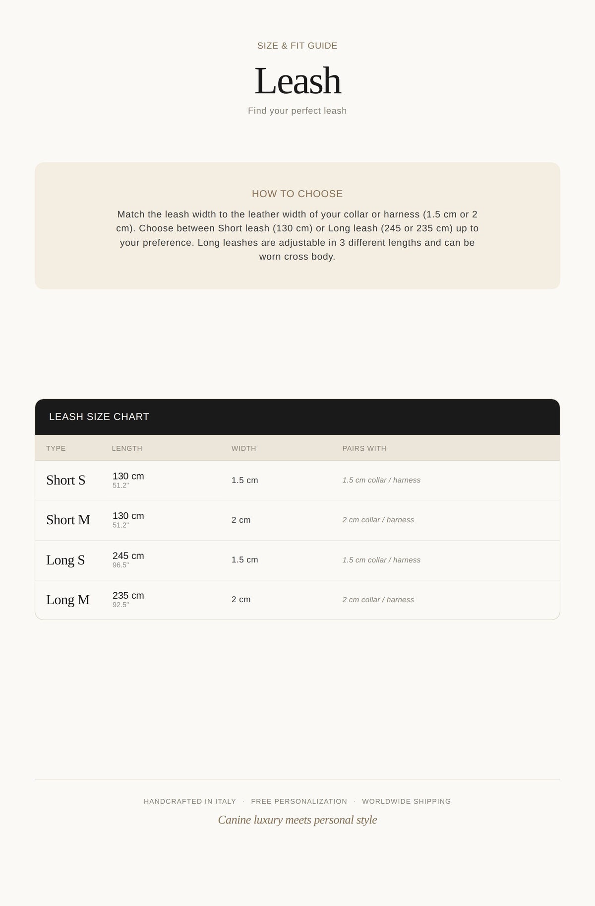 Leash size chart