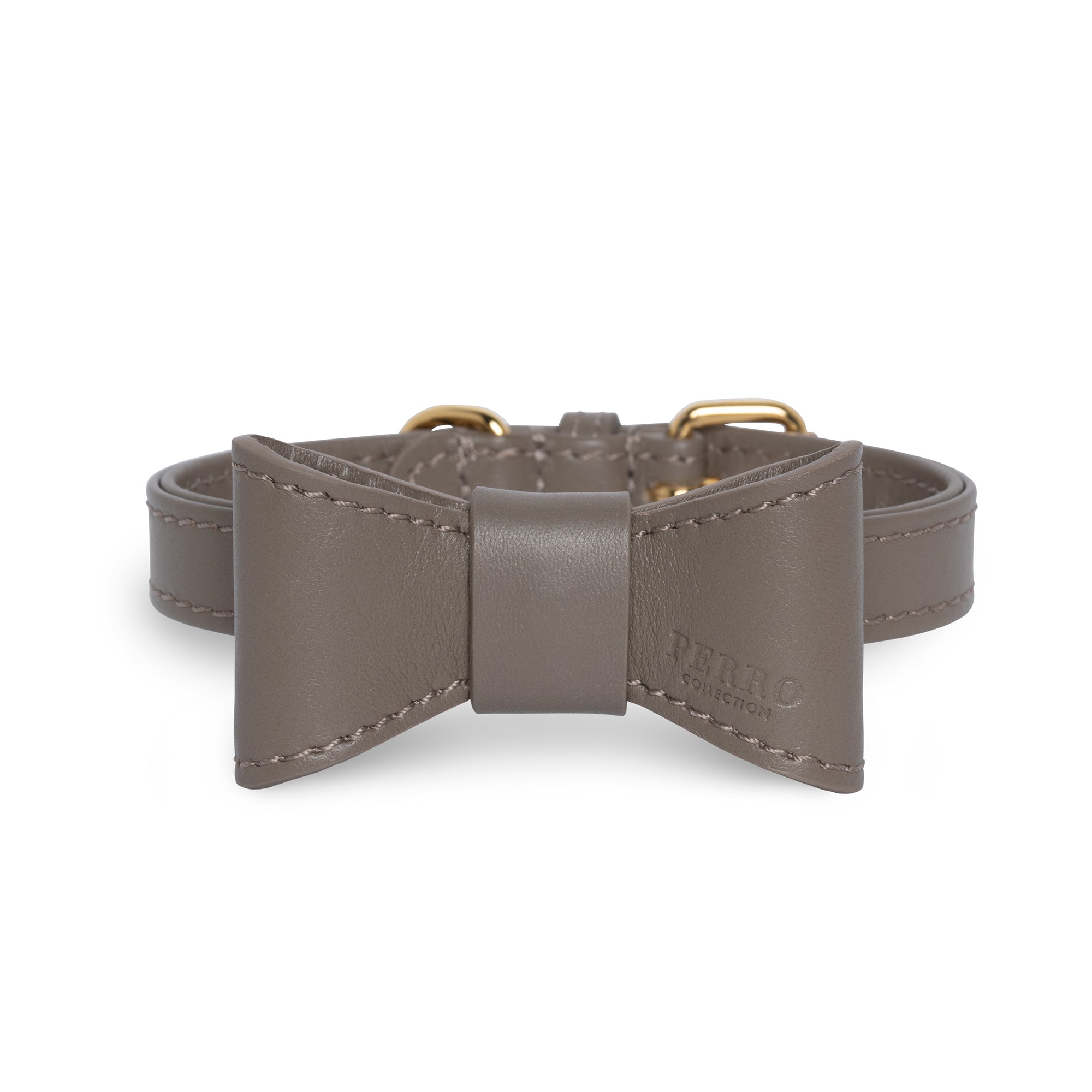 Taupe leather bowtie on collar